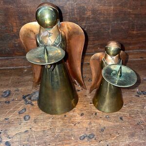 Vtg brass & copper angel candle holder Christmas decorations‎
